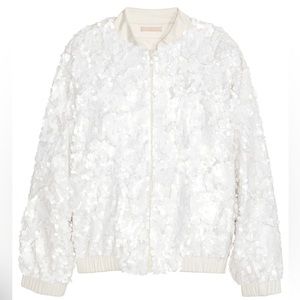 H&M Trend matte white sequin bomber jacket with embroidered details size 4